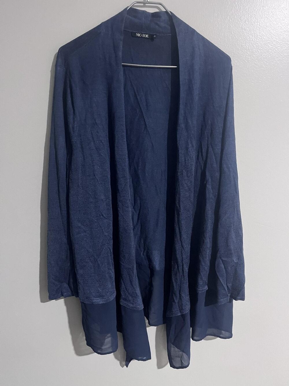 NIC+ZOE Cardigan Womens 2XL Blue Open-Knit Lightweight Sheer Ruffle Trim